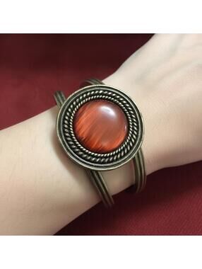 BRACELET Vintage Style Mediterranean Cut Brass Cuff Bracelet with Amber Center